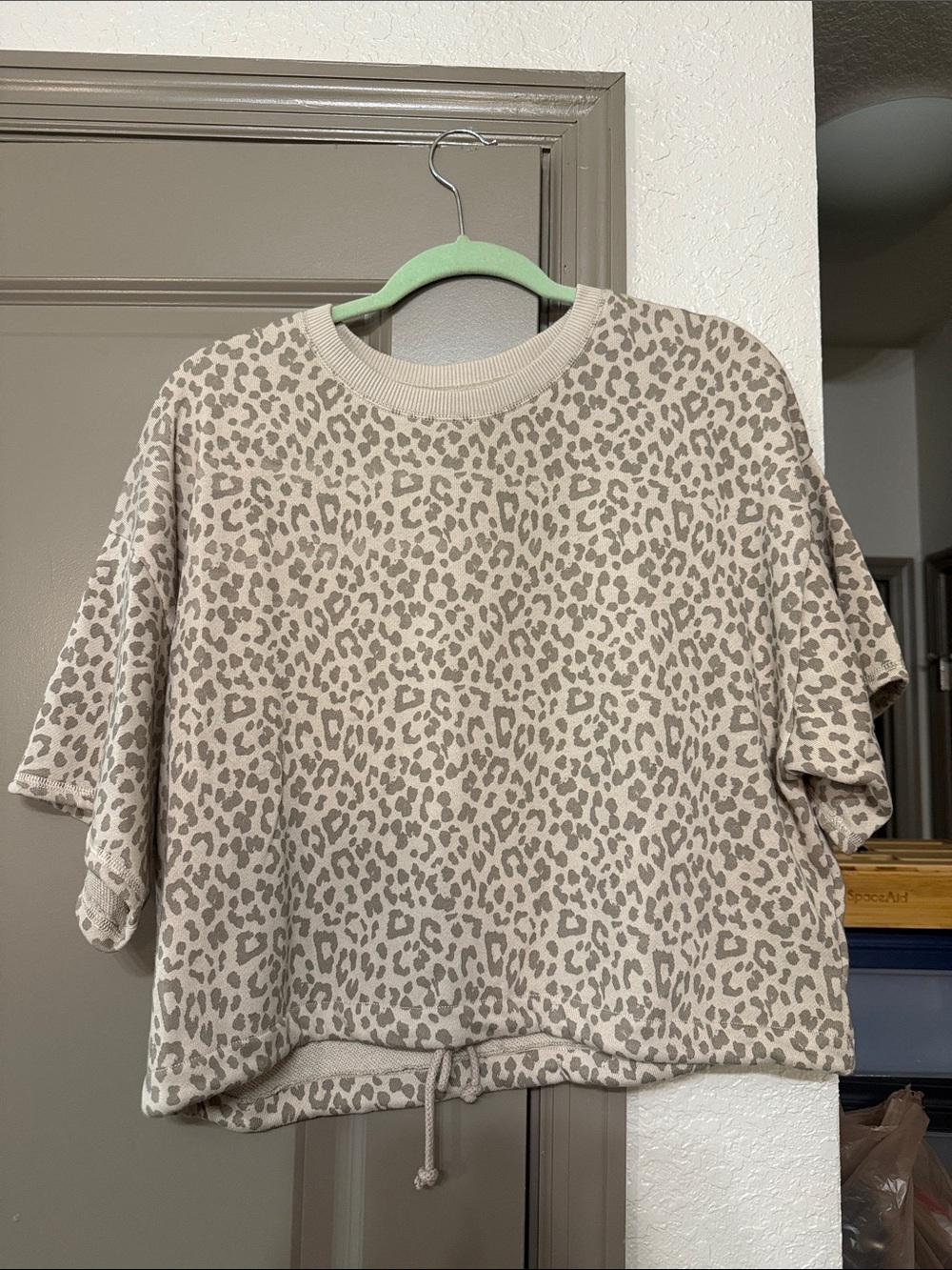 American Eagle Outfitters Beige Leopard Print Crewneck Short Sleeve Top